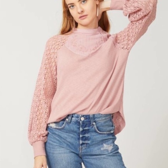 Free People shirt Sweetest Thing Thermal Blush pink XS embroidered - Picture 5 of 7